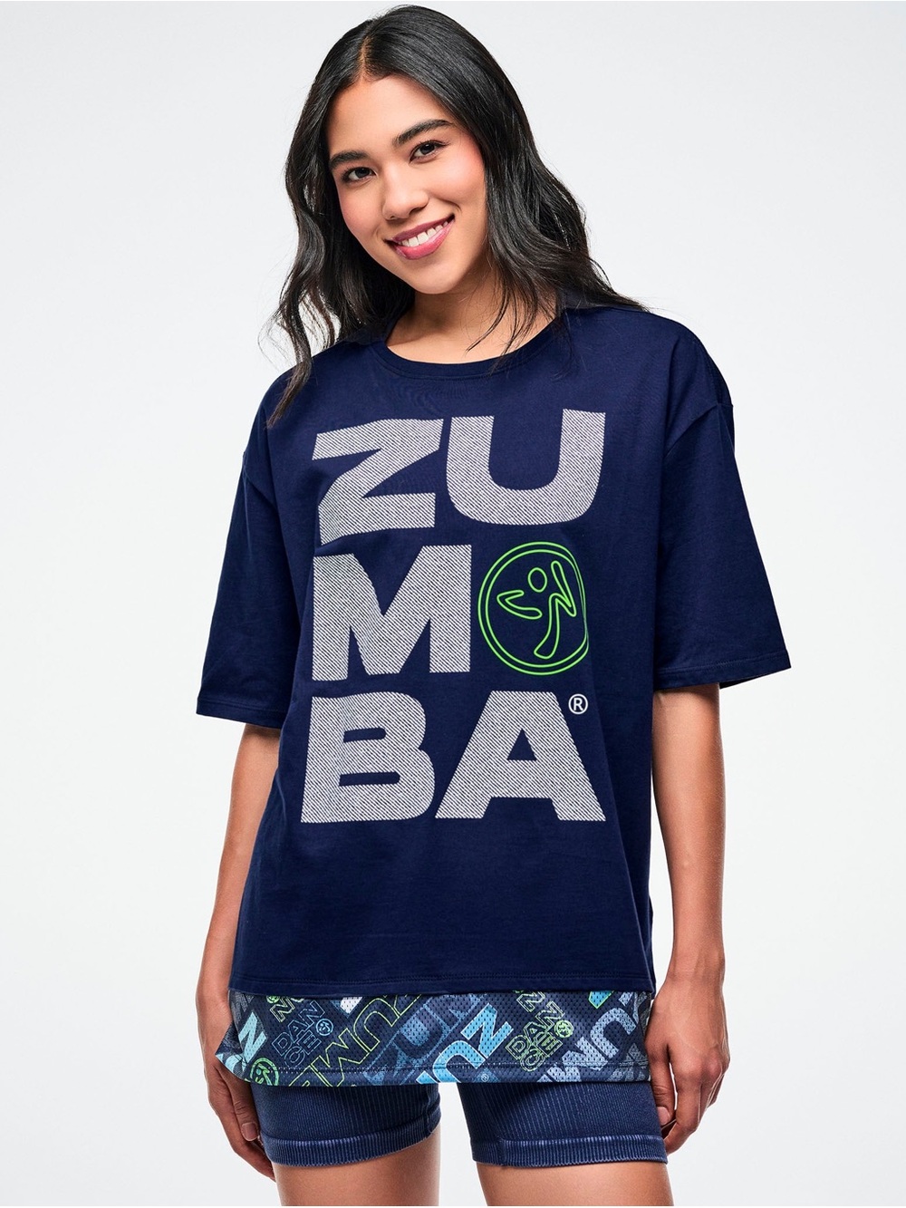 Zumba Fitness Navy Short Sleeve Logo Tee with Neon Green Accent
